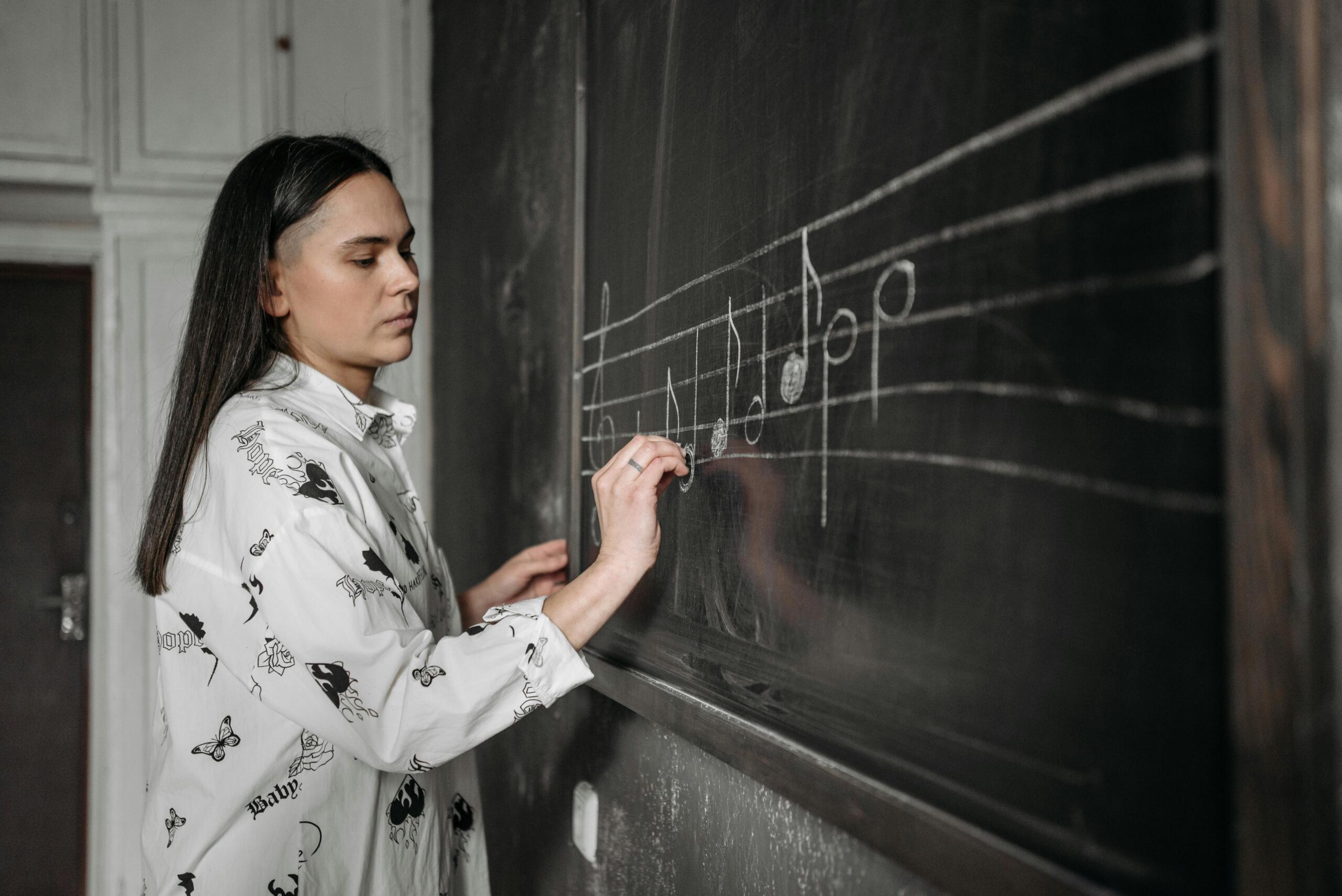 A music teacher writes musical notes on a chalkboard.