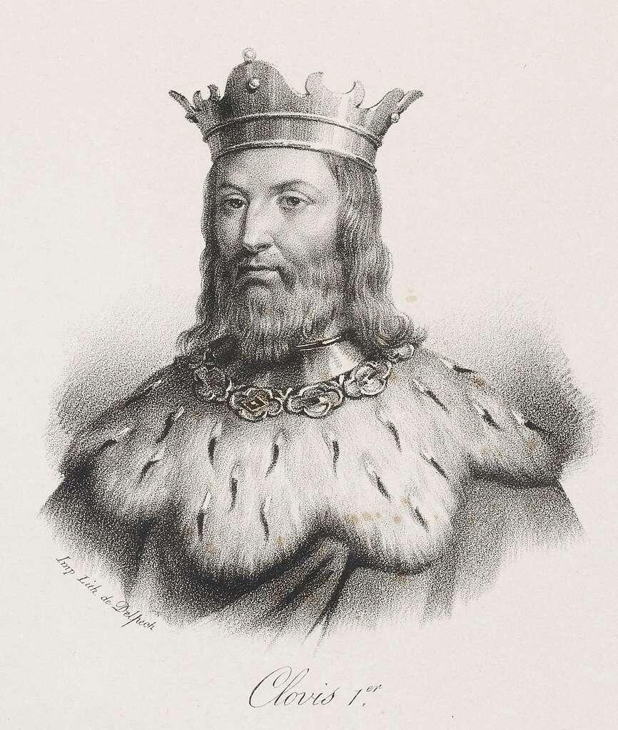 Illustration of Clovis I, a regal figure adorned with a crown and fur cloak, highlighted by intricate jewelry around the neck.