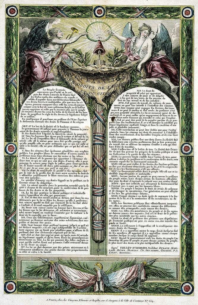 An ornate historical document features angels flanking a radiant emblem with text detailing rights and freedoms, set against a decorative border.