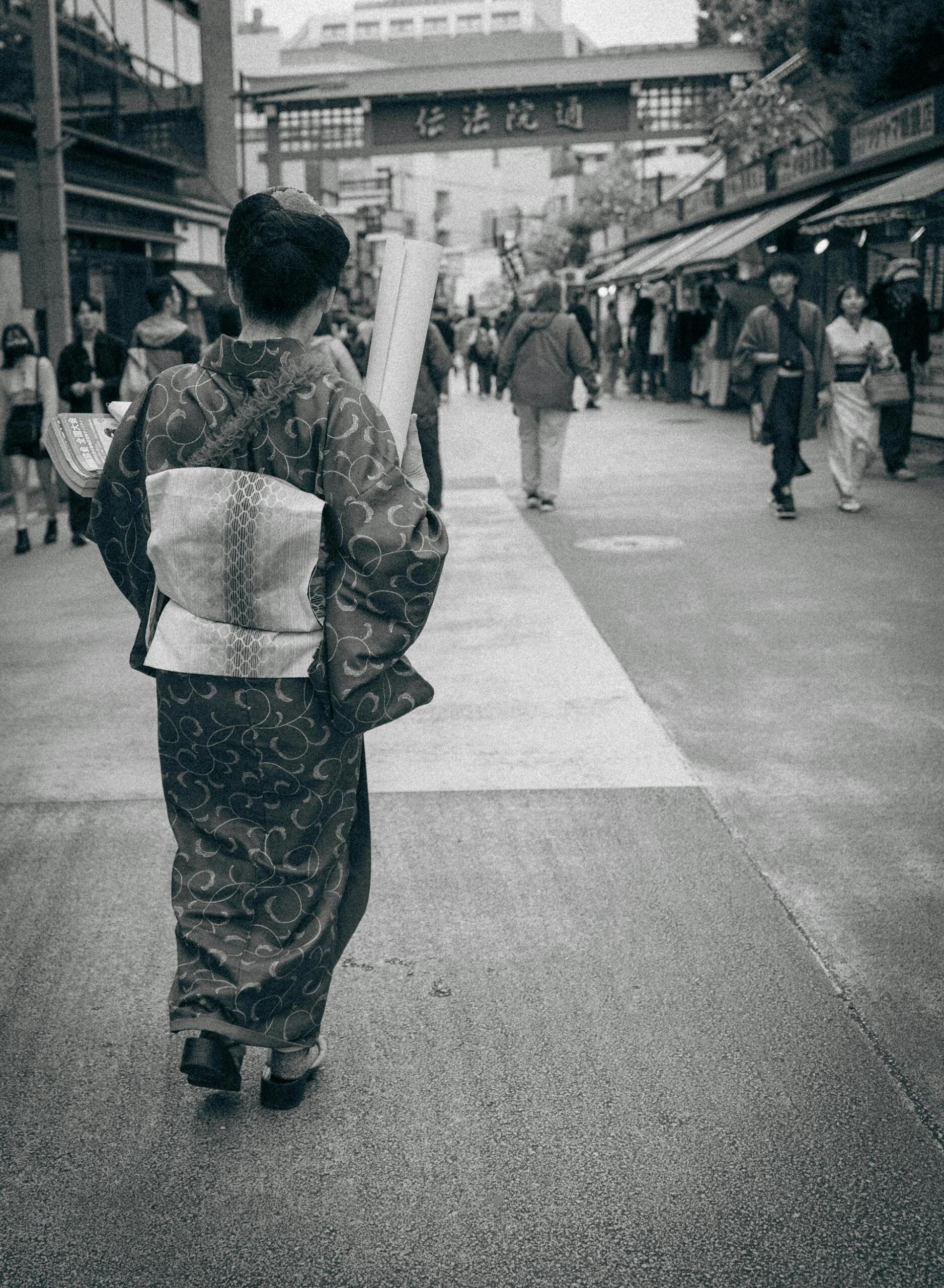 A person in a patterned kimono walks away down a bustling street lined with shops, under an archway in a serene, monochrome setting.