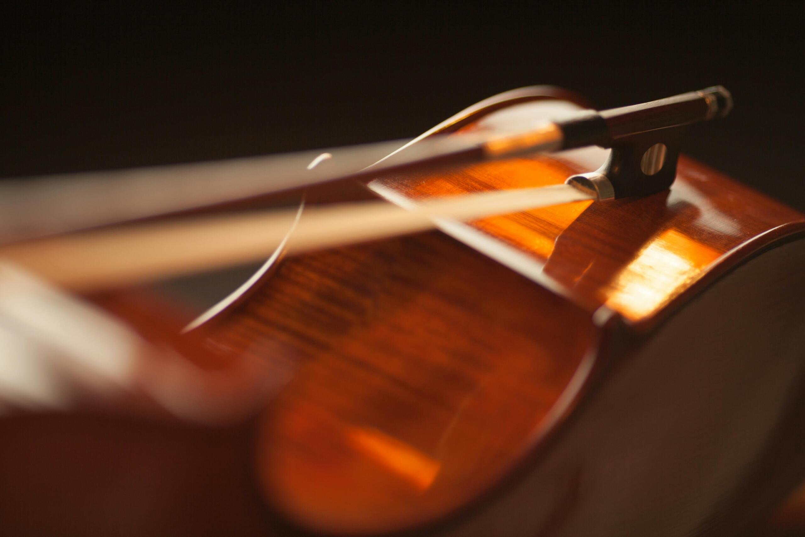 A close up of a violin and a bow.