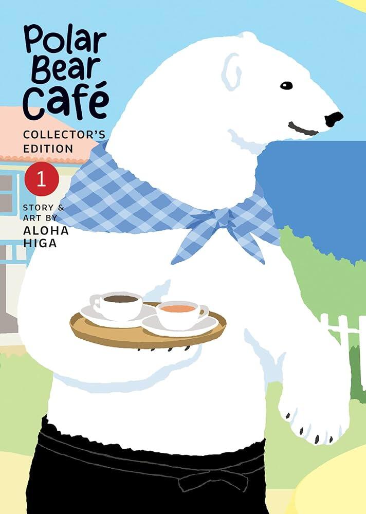 A polar bear in a blue checkered scarf serves drinks on a wooden tray, featured on the cover of "Polar Bear Café Collector’s Edition."