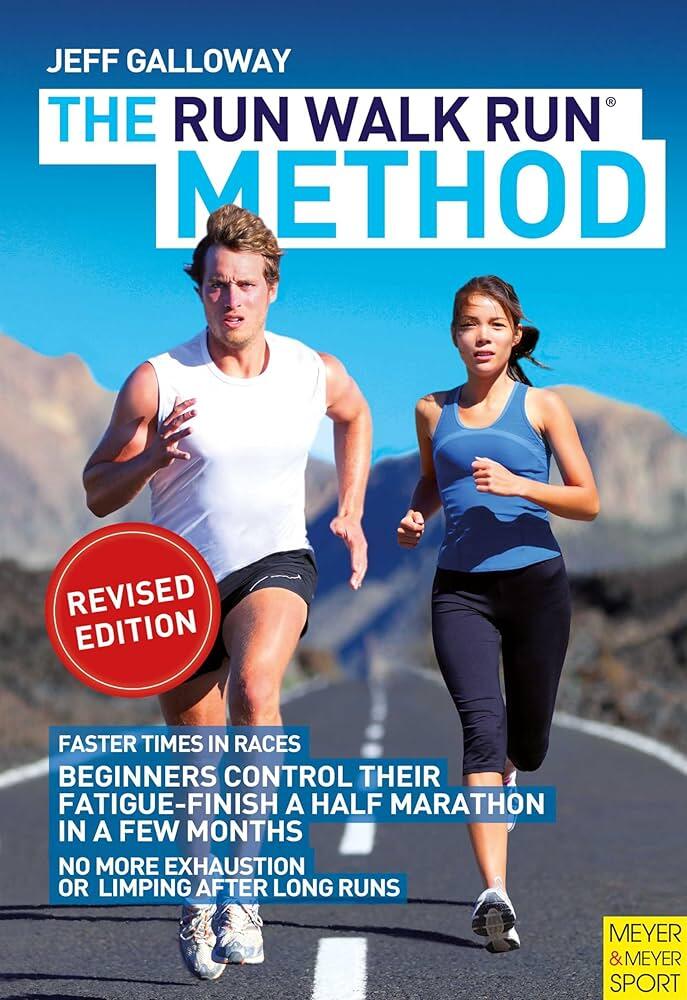 Cover of "The Run Walk Run Method" by Jeff Galloway, featuring runners on a scenic road, emphasizing training for half marathons.