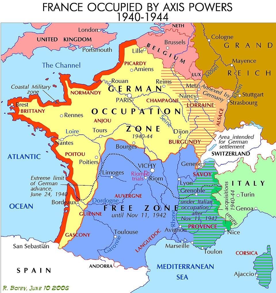 Map of France during 1940-1944, showing German-occupied zones, the Vichy regime, and the Free Zone, with notable cities and regions labeled.