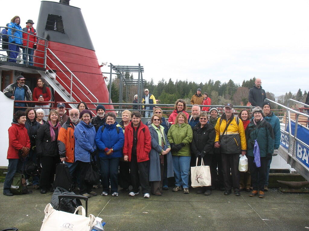 Group of people gathered at Bamfield Marine Sciences Centre on Vancouver Island, ready for a marine fieldwork expedition.