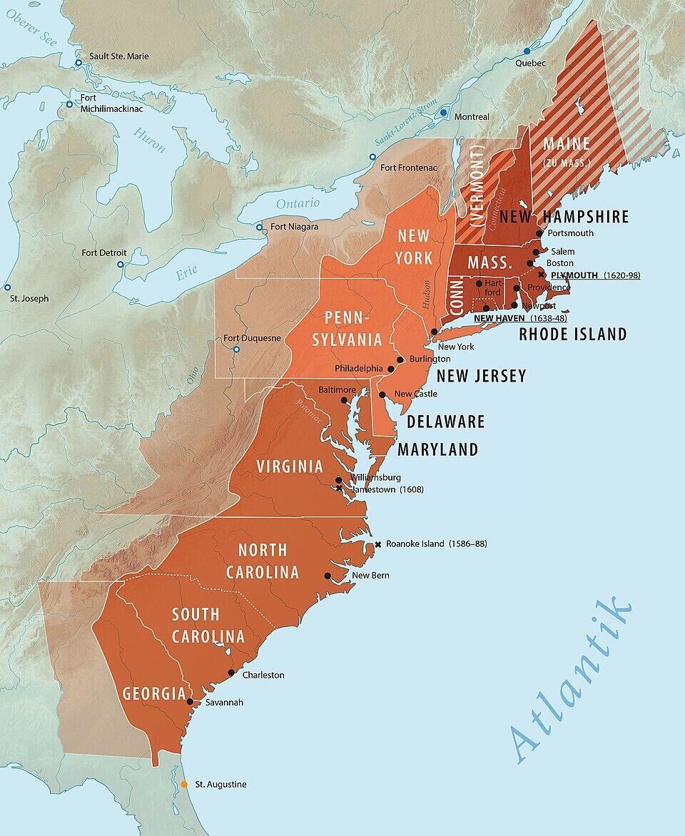 Map of the Eastern United States depicting states, key cities, and historical regions, highlighted in varying shades of orange.
