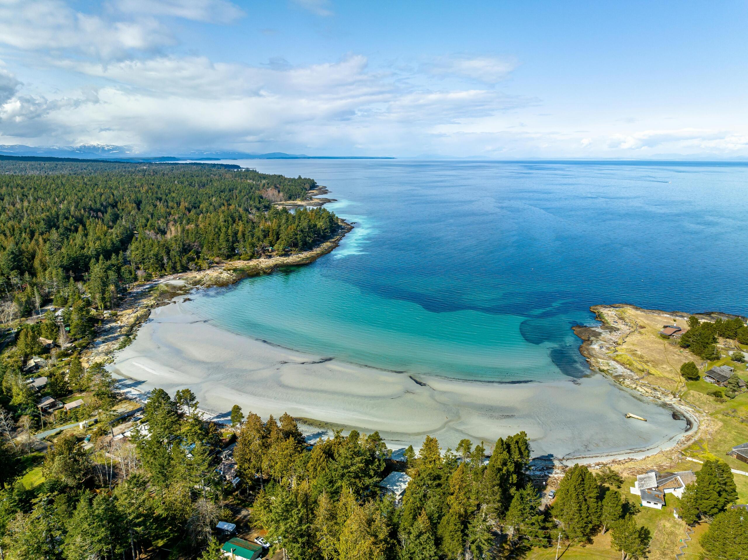 Aerial view of the coastline at Hornby Island, British Columbia, showing a forested shoreline, clear turquoise waters, and sandy beaches meeting the Pacific Ocean under a bright sky.