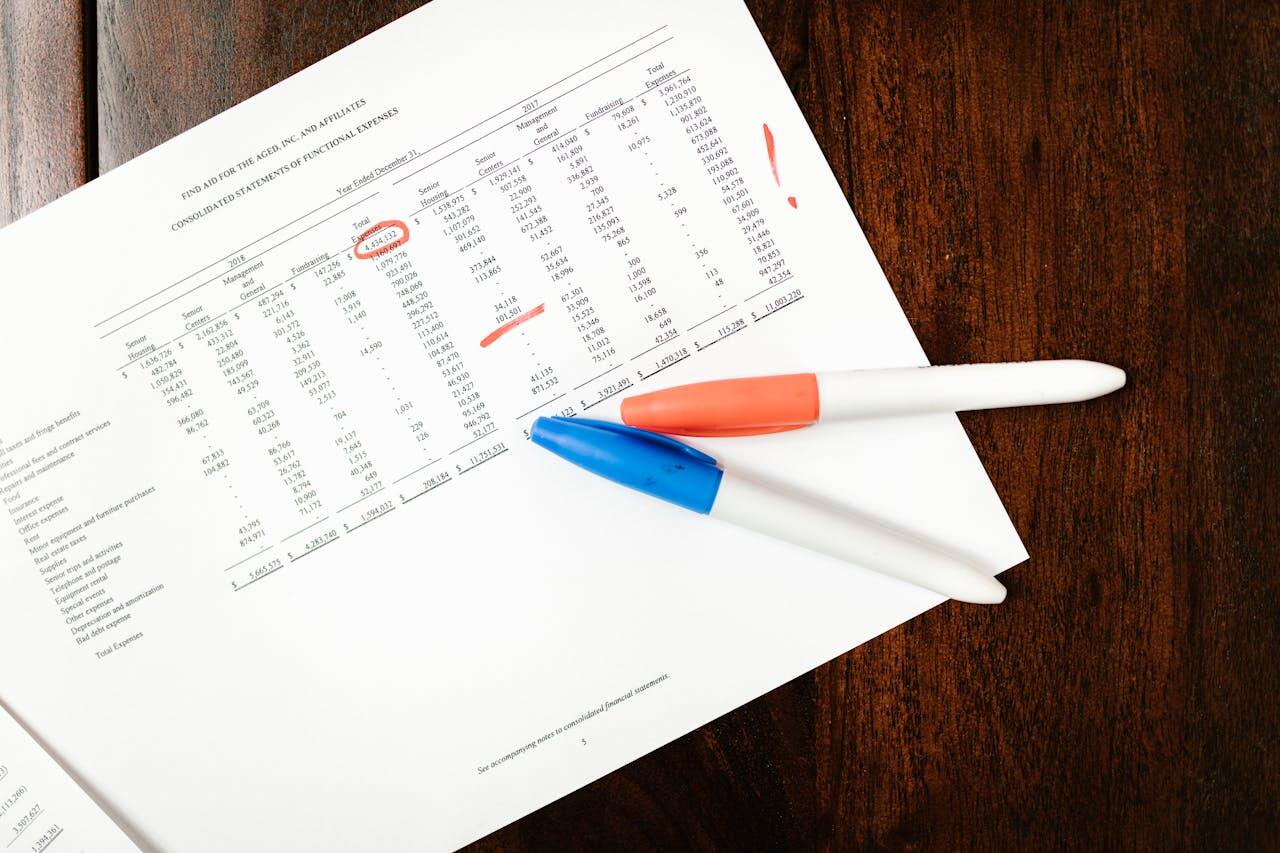 A financial statement document with highlighted totals and two colorful pens resting on a wooden surface.