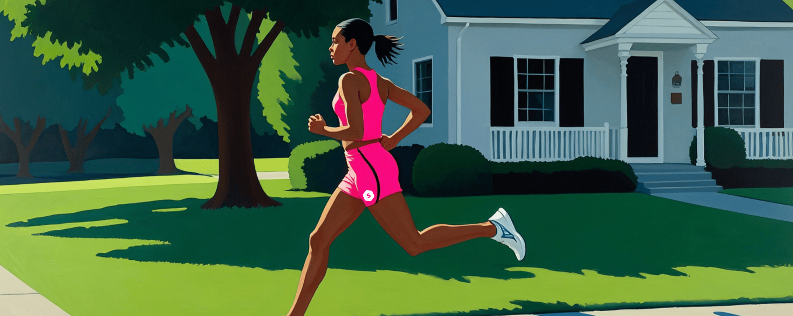 A woman in a bright pink outfit jogs on a sunny lawn in front of a charming house, surrounded by lush green trees.