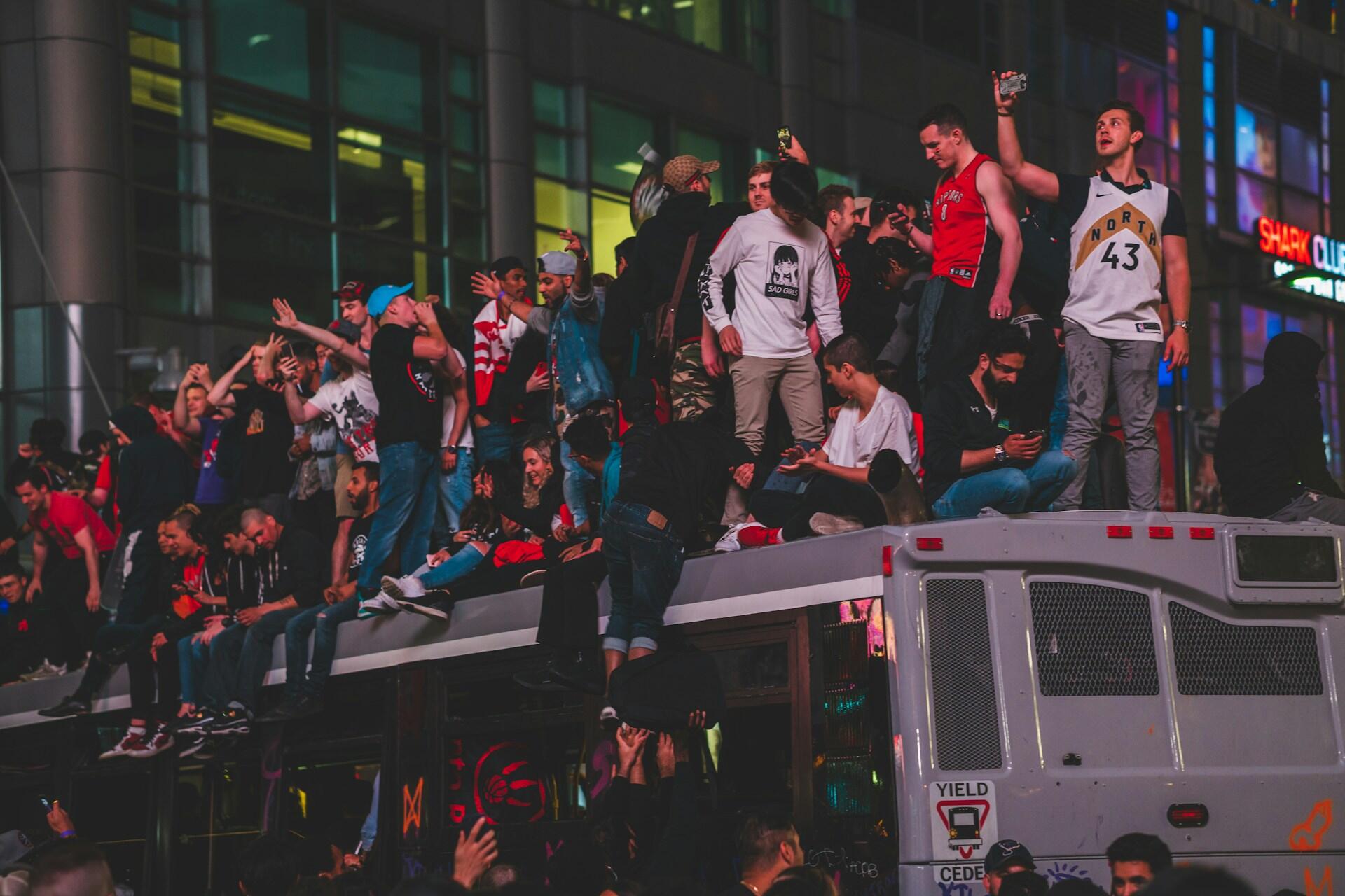 Screenshot of the Toronto Raptors' celebration in the streets of the city.