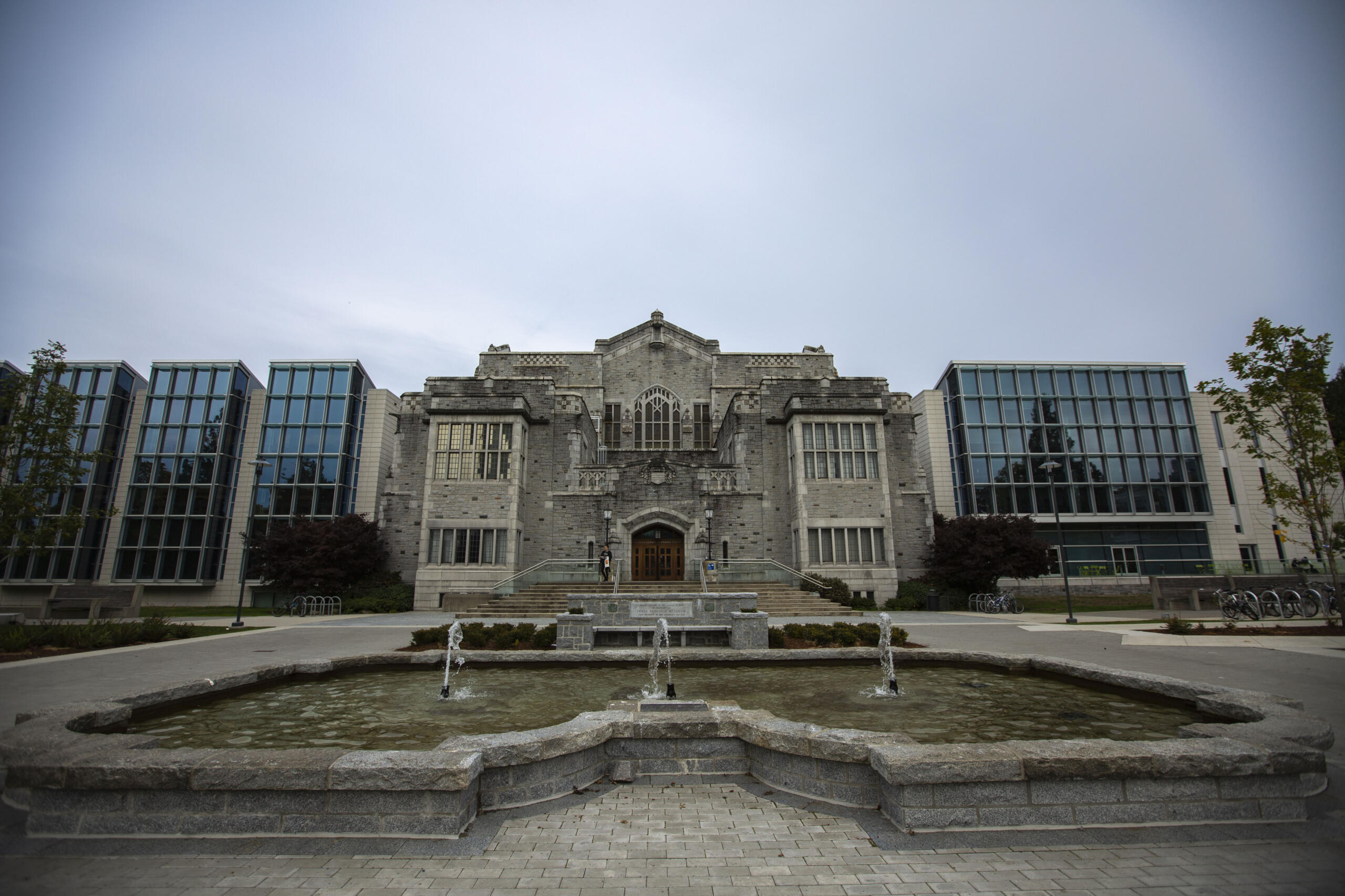 University of British Columbia (UBC) campus entrance with stone architecture and fountain, Vancouver, Canada.