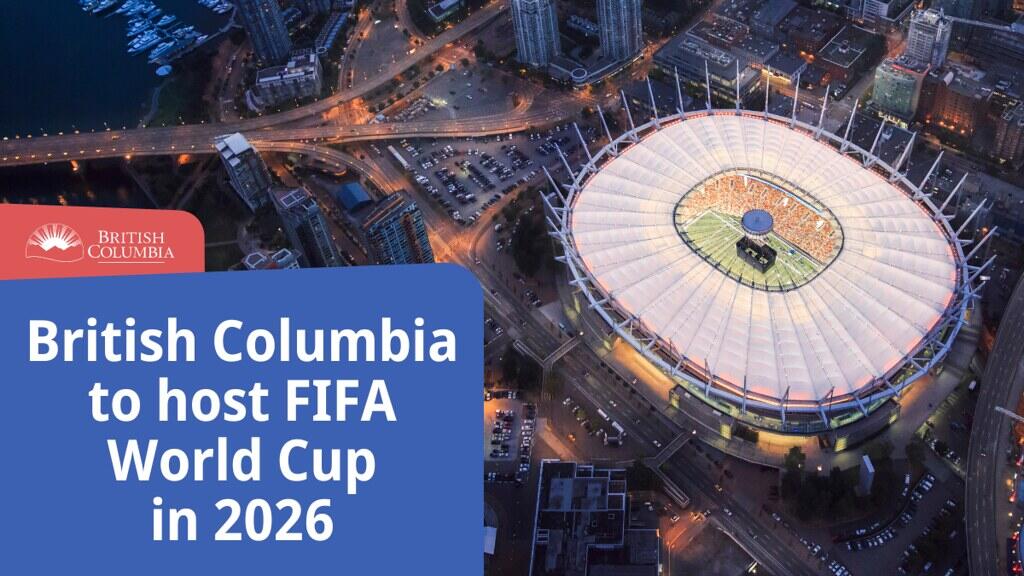 Aerial view of BC Place Stadium in Vancouver lit up at night, with text announcing British Columbia as a host city for the 2026 FIFA World Cup.