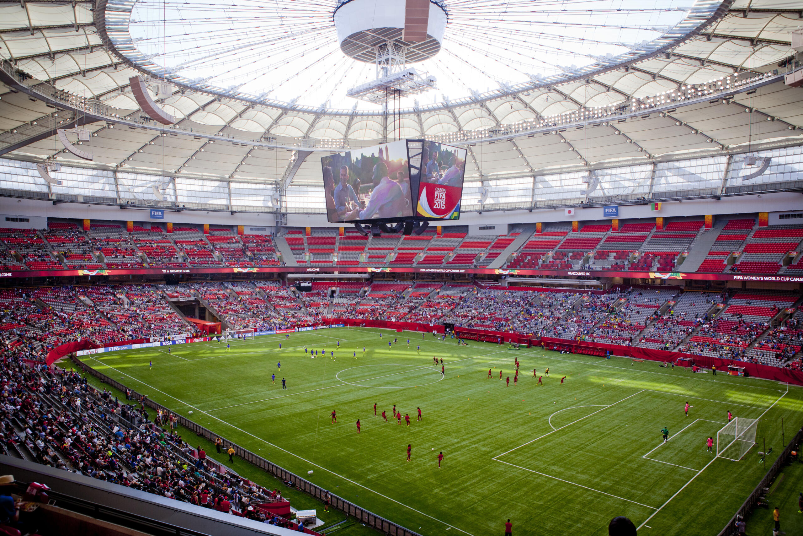 A wide view of BC Place Stadium in Vancouver filled with fans during the 2015 FIFA Women’s World Cup.