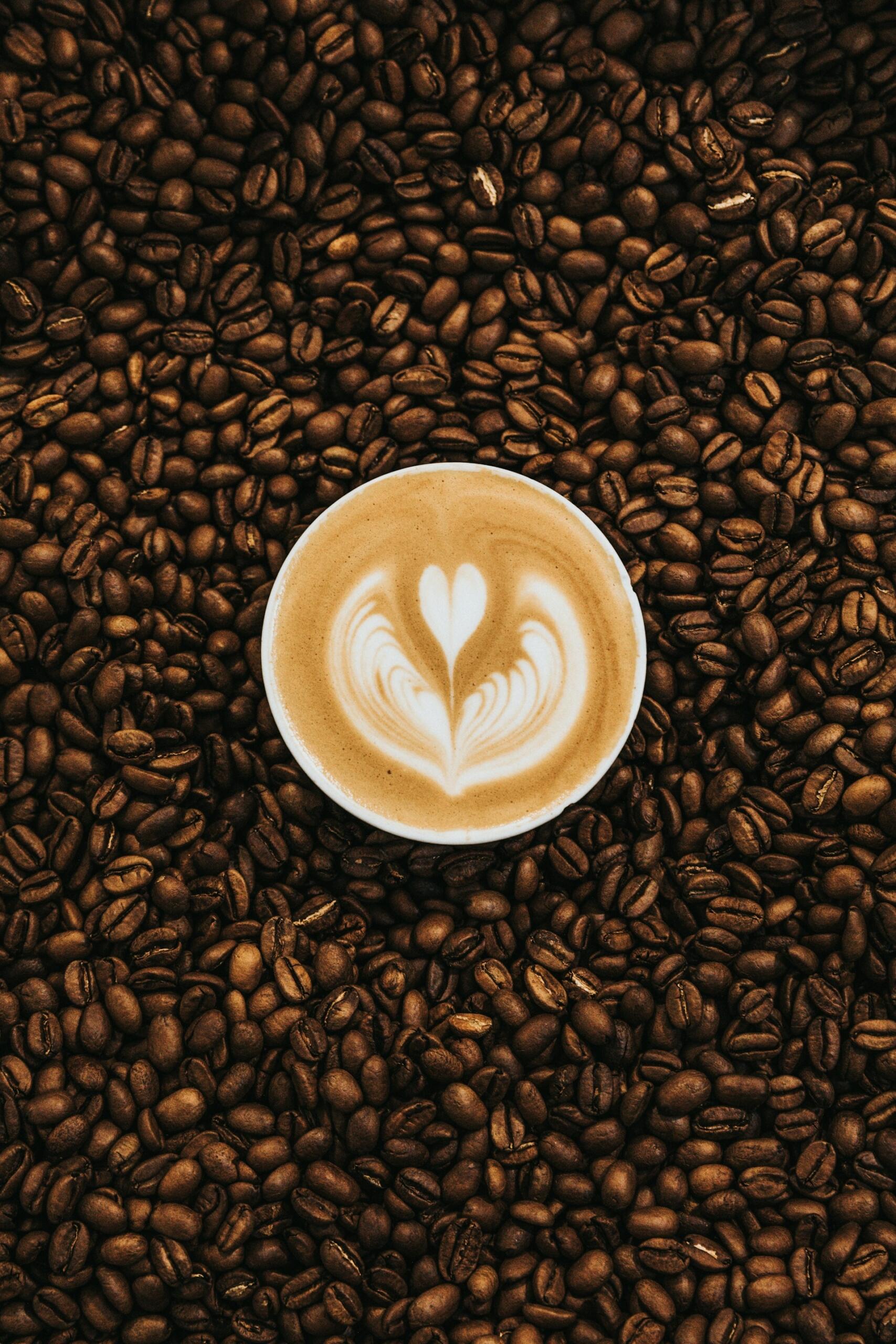 A latte with a decorative heart pattern sits atop a bed of dark roasted coffee beans.