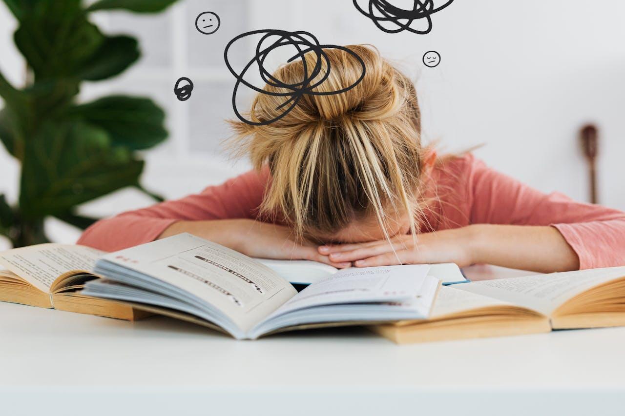 A stressed student rests her head on open books, with swirling doodles representing frustration and confusion above her.