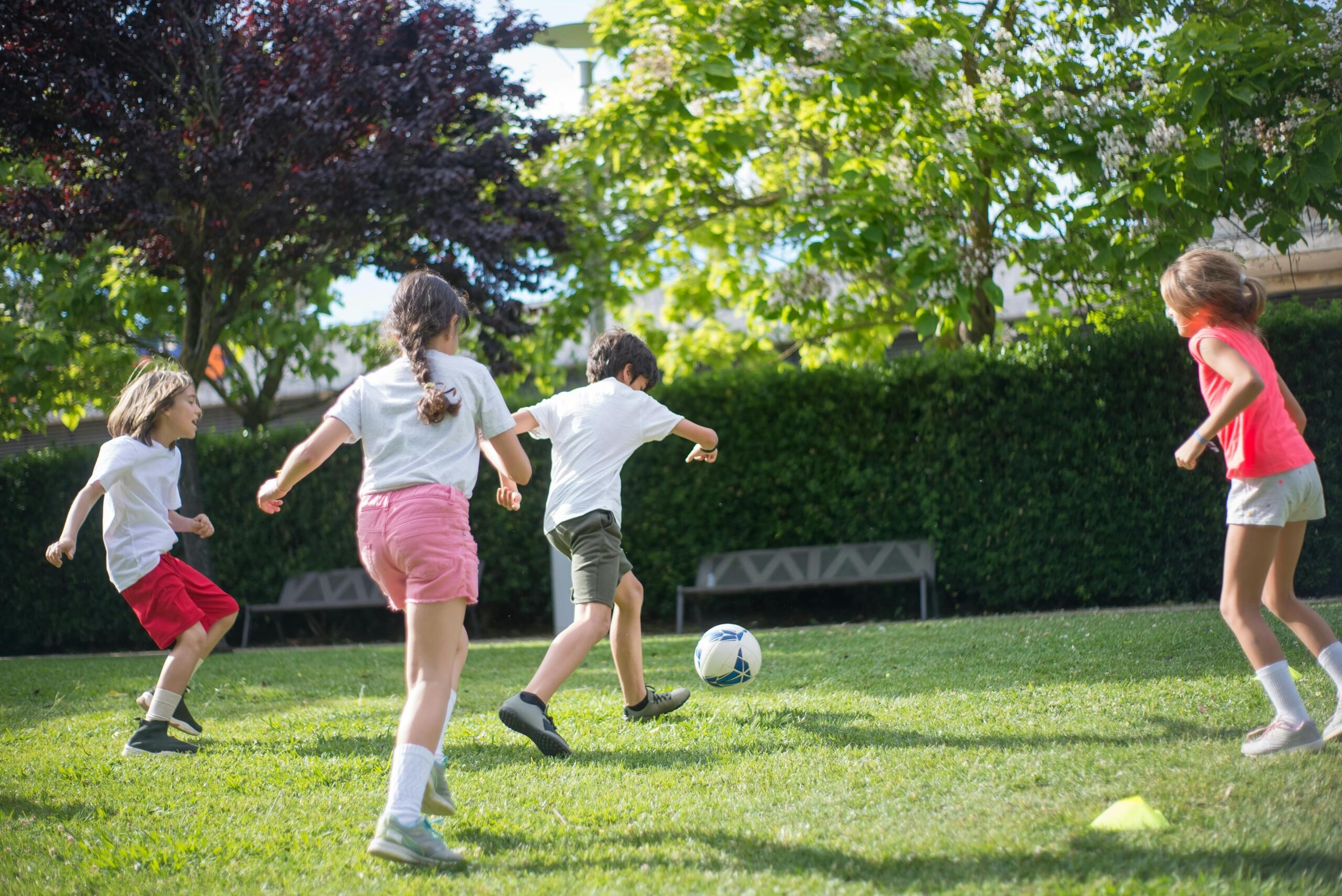 A group of children playing soccer in a park on a sunny day, joyfully running after the ball on a grassy field surrounded by trees.