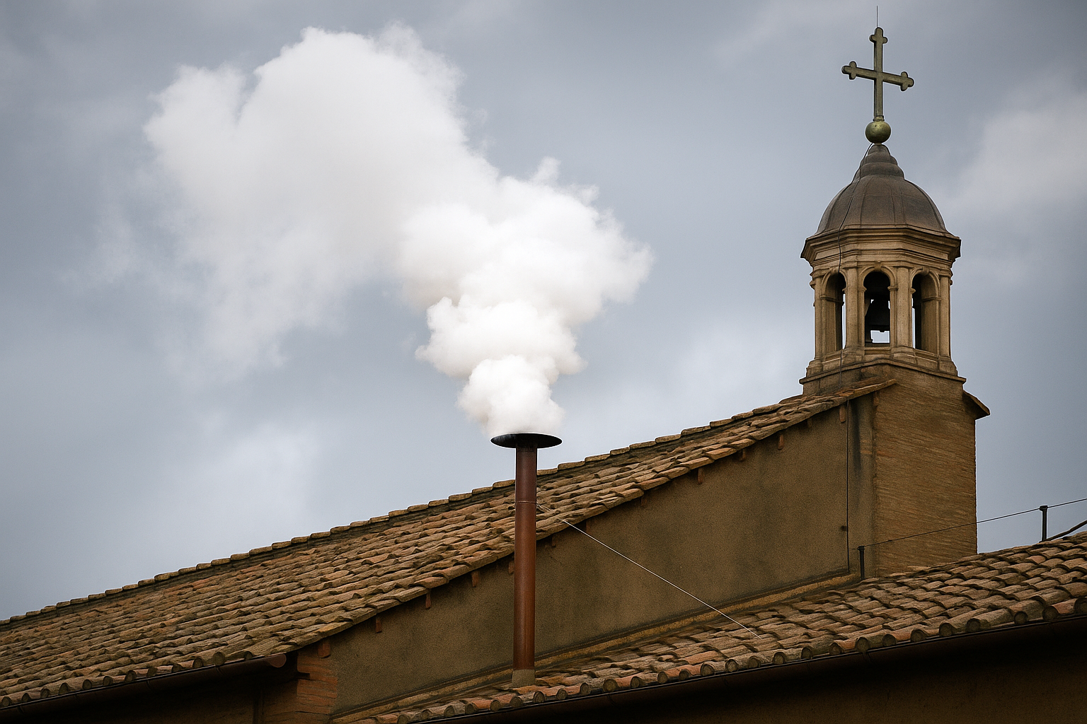 A church with white smoke coming out of the chimney.