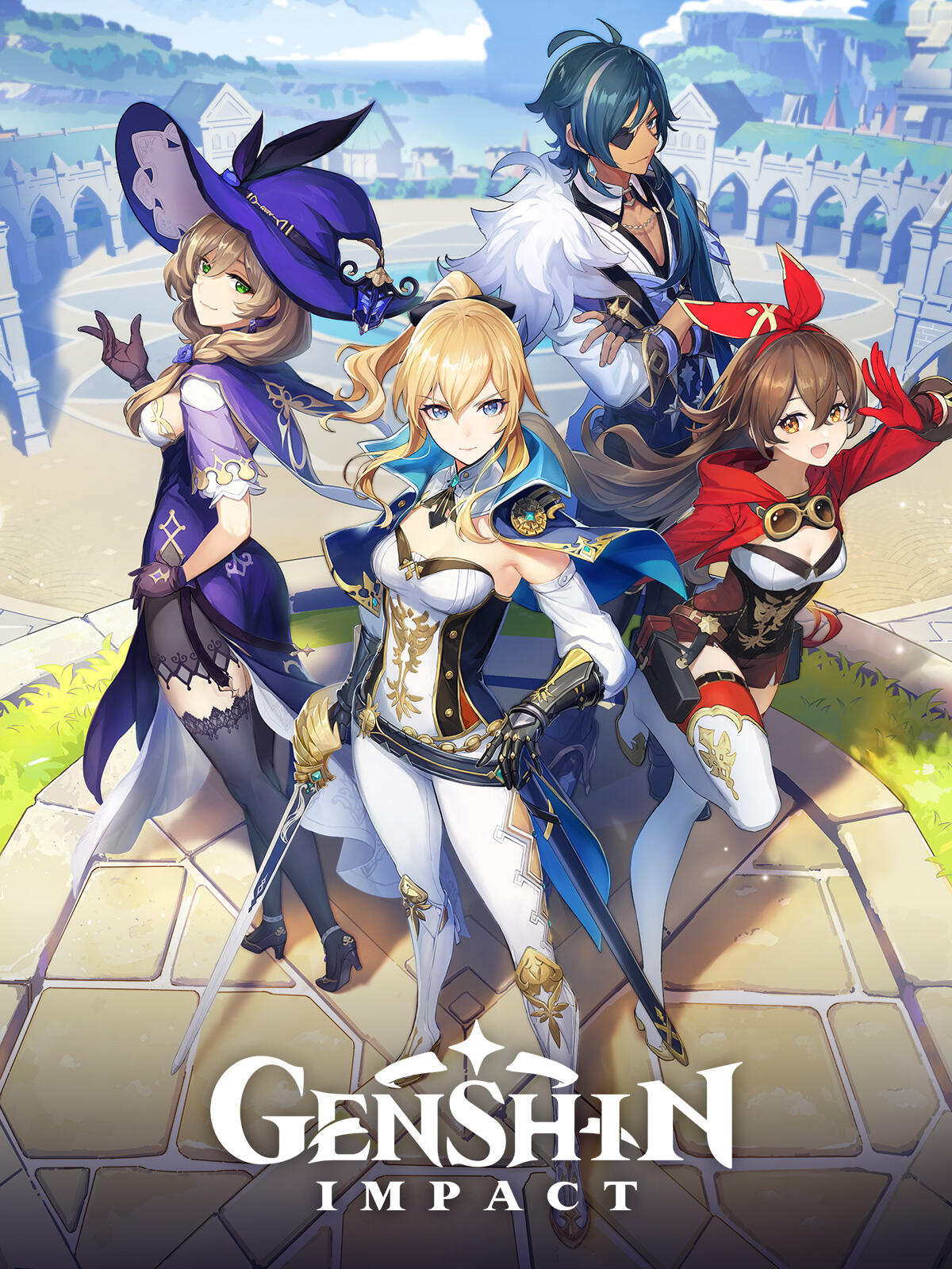 A group of four stylish characters from Genshin Impact stands confidently in a vibrant, fantasy landscape, surrounded by intricate architecture.