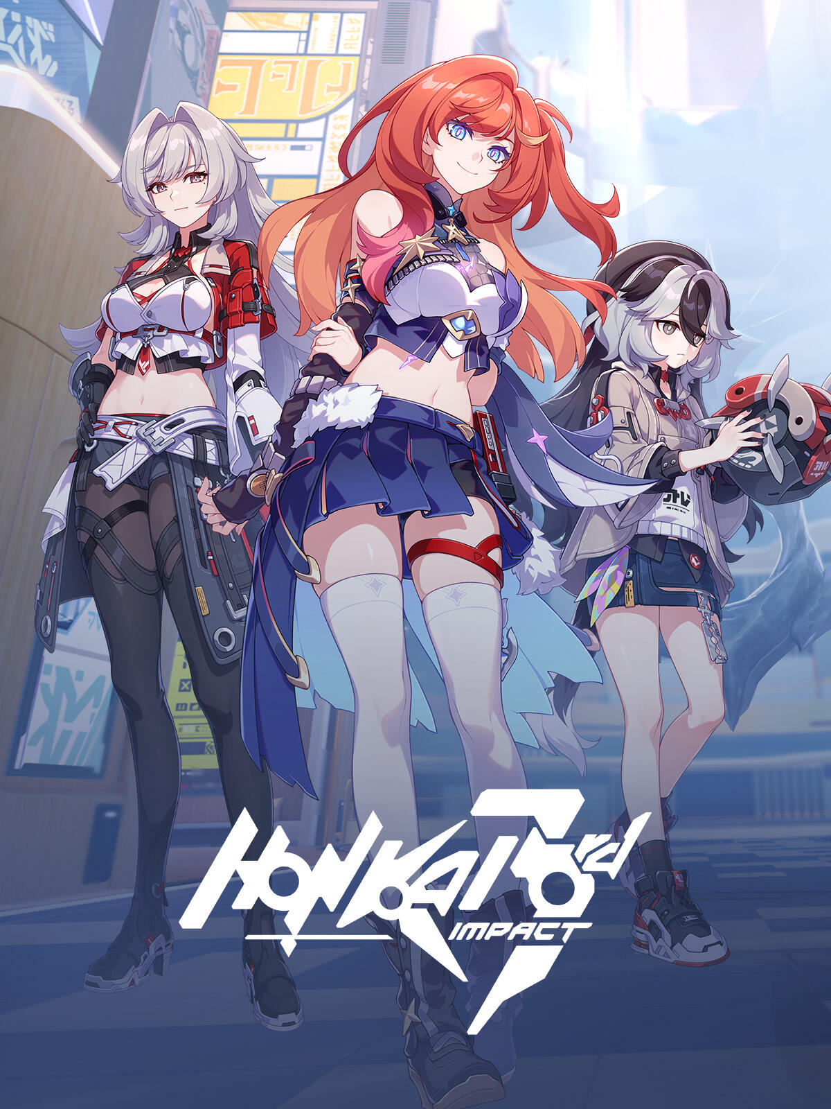 Three female characters stand confidently in a futuristic setting, showcasing vibrant outfits and striking hairstyles, with the game title below.