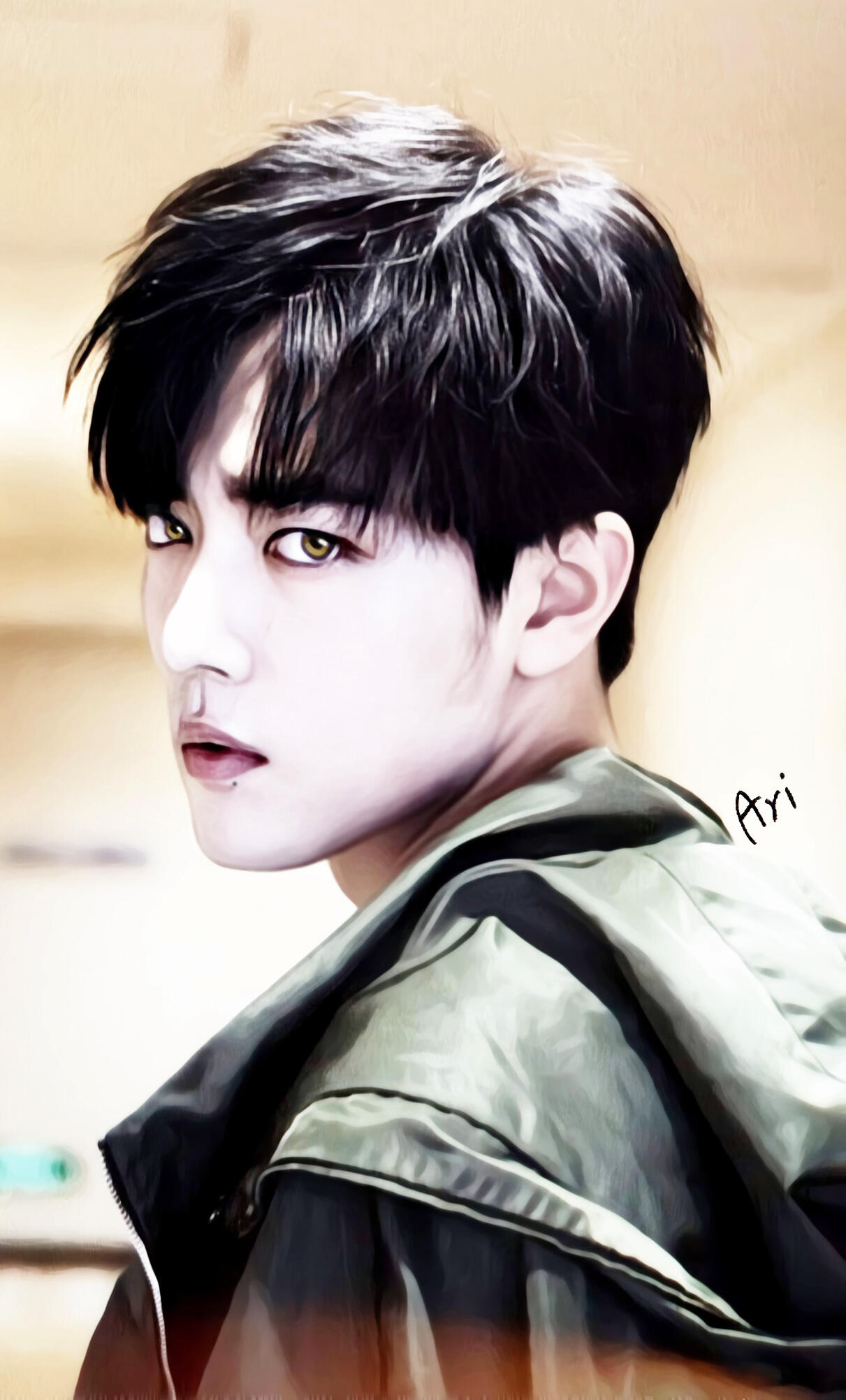 A digital painting of a young person with short black hair, wearing a green jacket, glancing over their shoulder against a blurred indoor background. The name "Ari" is signed on the image.
