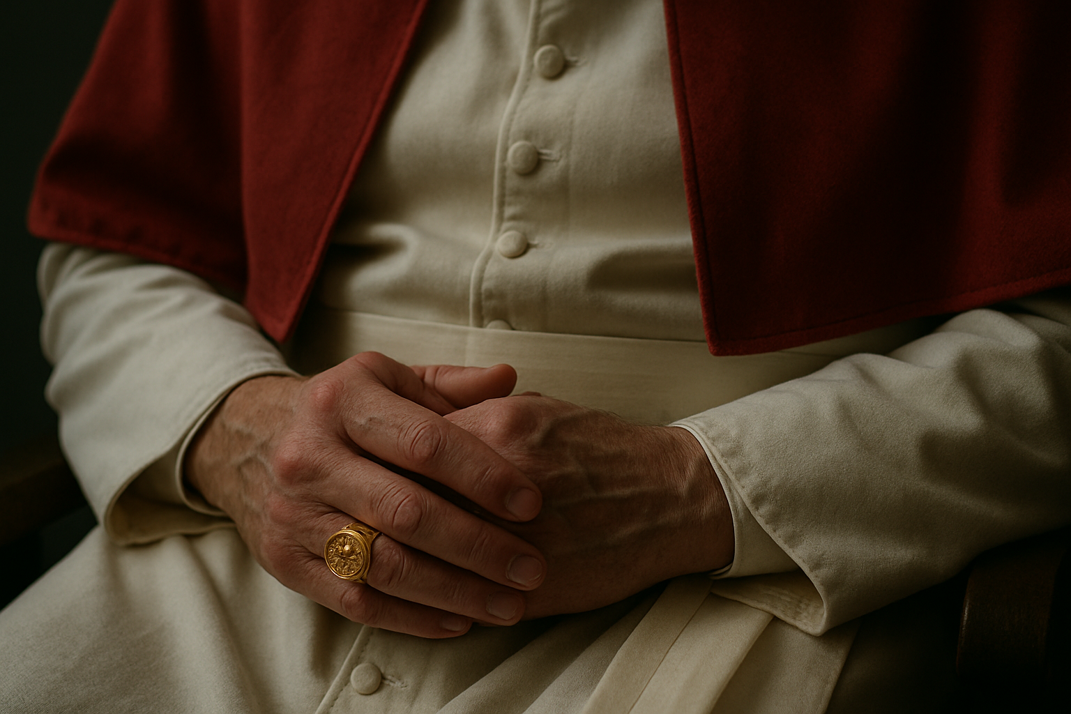 A pope sitting down with the hands in their lap.
