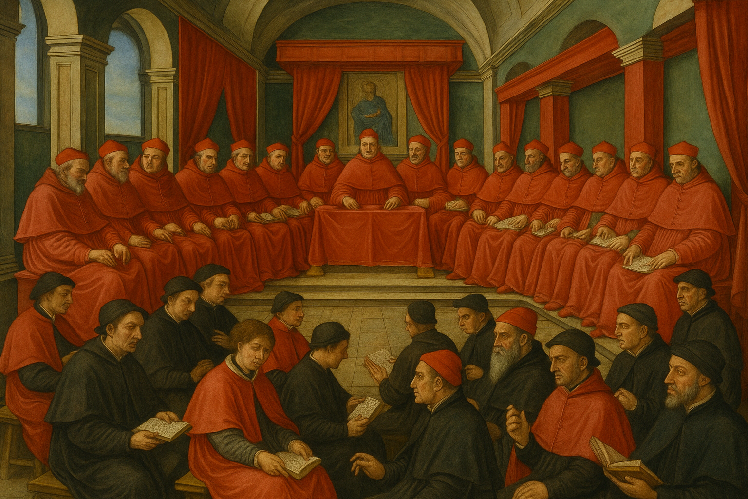 An image representing a Renaissance-style conclave.