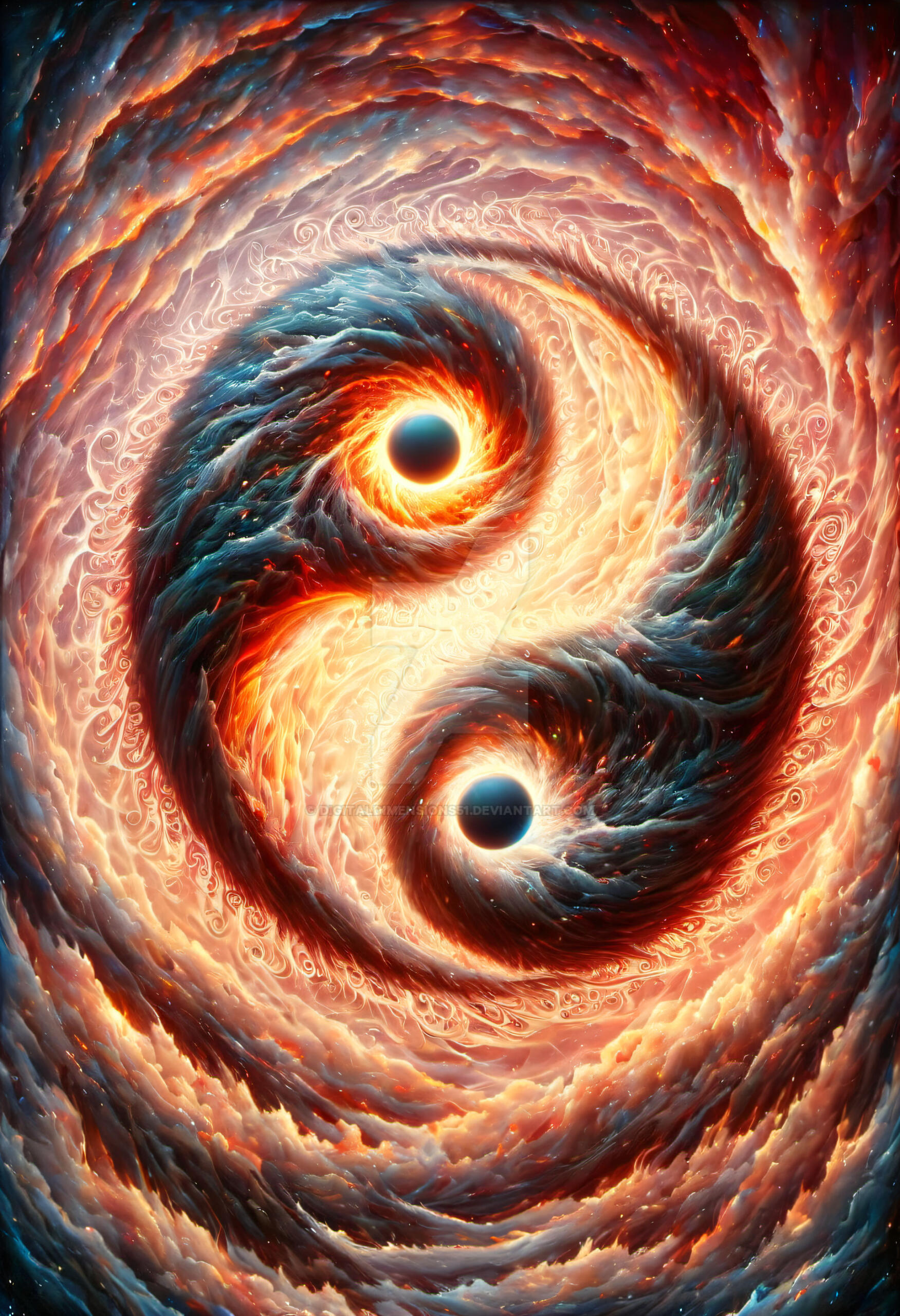 A painted yin and yang symbol, representing balance and harmony, with contrasting black and white sections.
