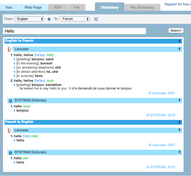 Systran is great for vocabulary translations 