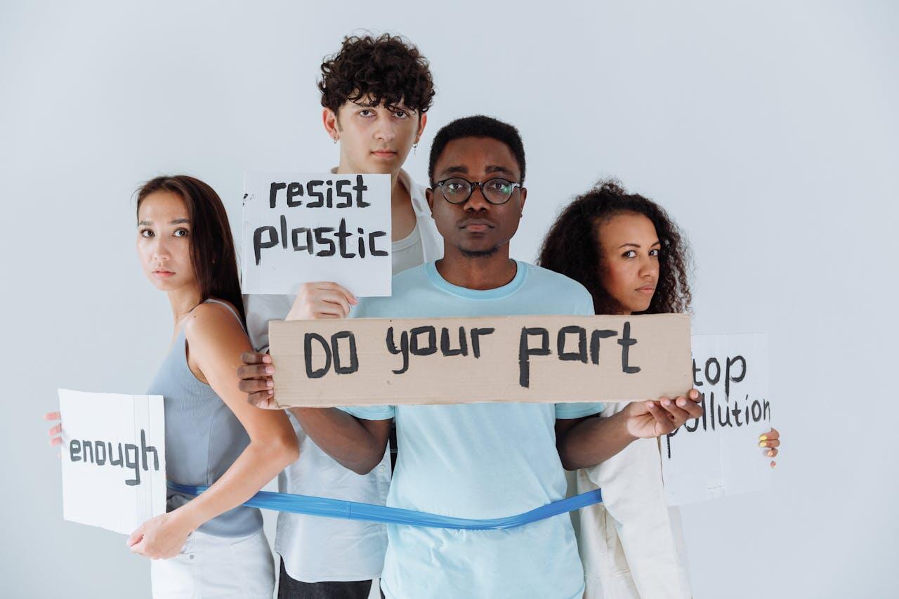 A group of young activists holding signs that read 