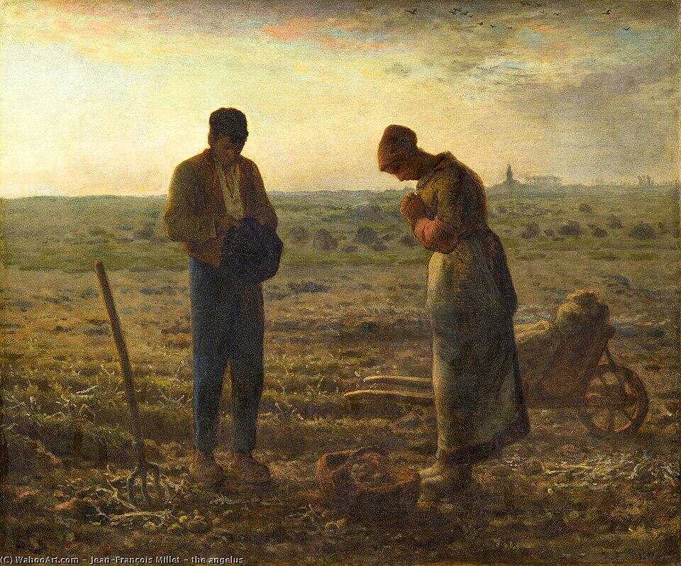 A peasant couple, hands clasped in prayer, stands in a field at dusk, with a fork and wheelbarrow nearby, reflecting humility and toil.