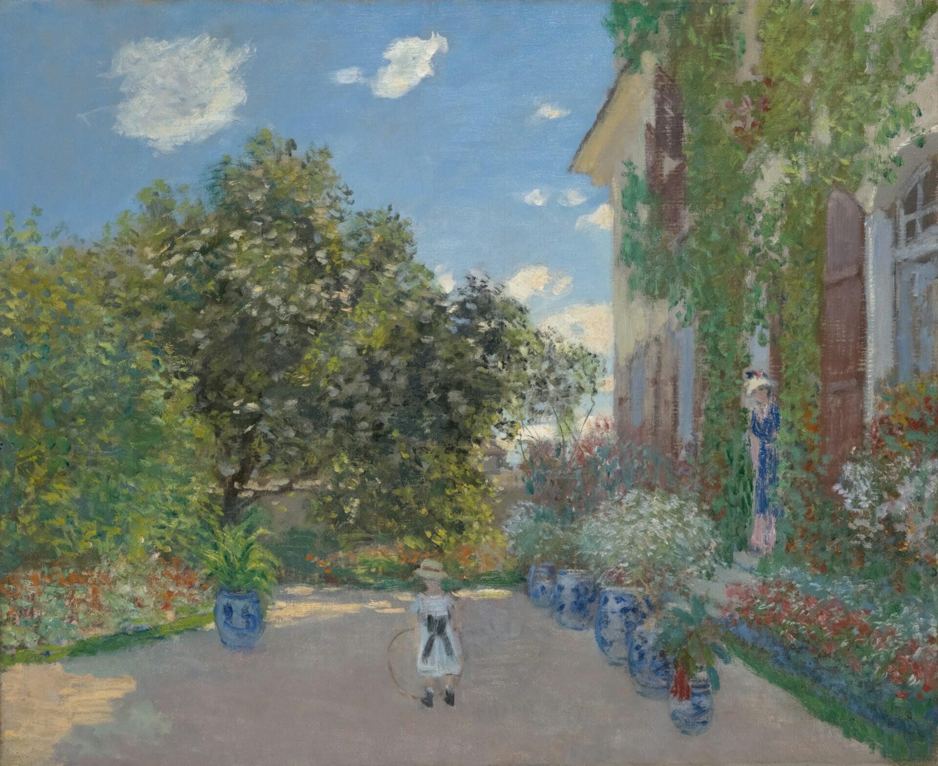 A sunny garden scene features lush greenery and blooming flowers, with a child playing and a woman standing beside a house.