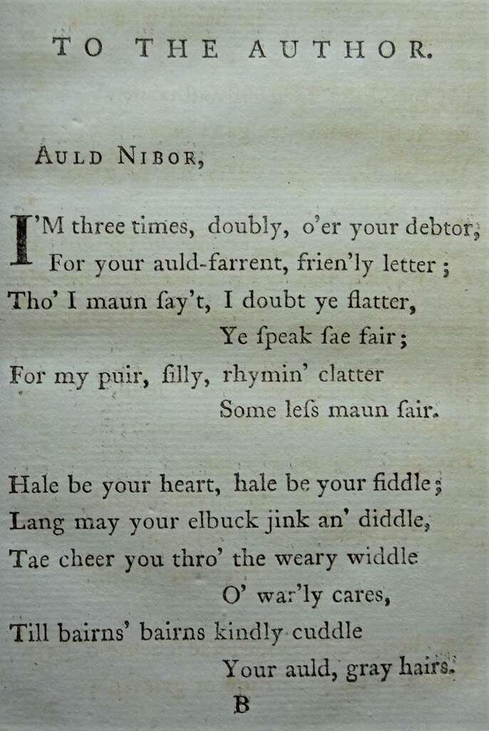 An excerpt from a poem addressed to "Auld Nibor," featuring affectionate verses in a rustic Scottish dialect.