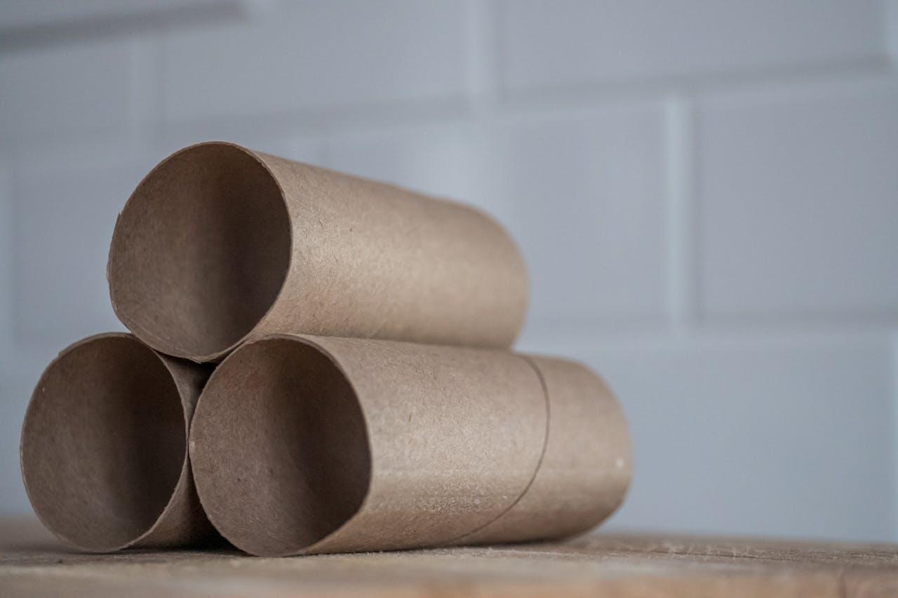 Three brown cardboard tubes stacked in a triangular arrangement on a wooden surface, with a soft-focus background.