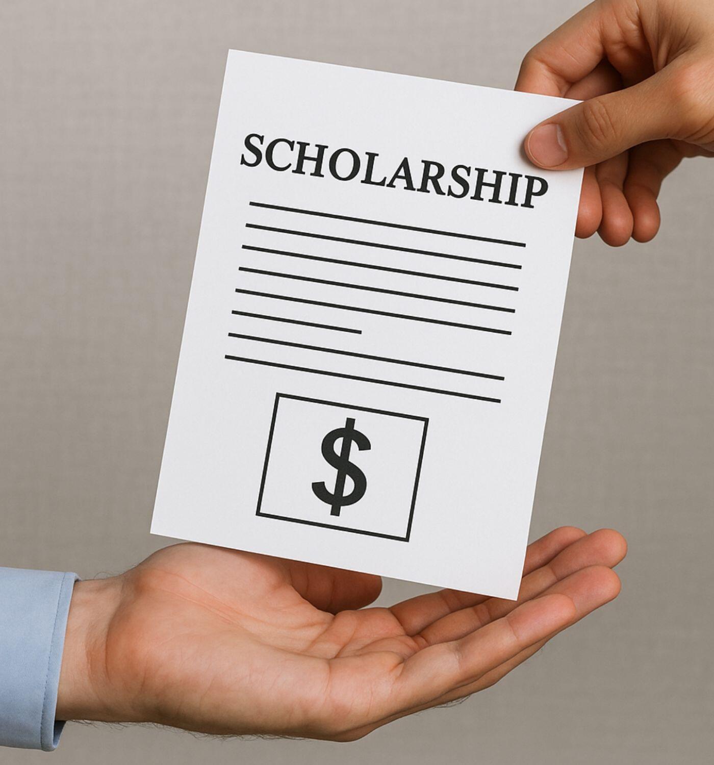 A close-up photo of two hands exchanging a scholarship document. One hand holds out the paper labeled “SCHOLARSHIP” with a large dollar sign at the bottom, while the other hand is open, receiving it. The background is neutral and softly lit.
