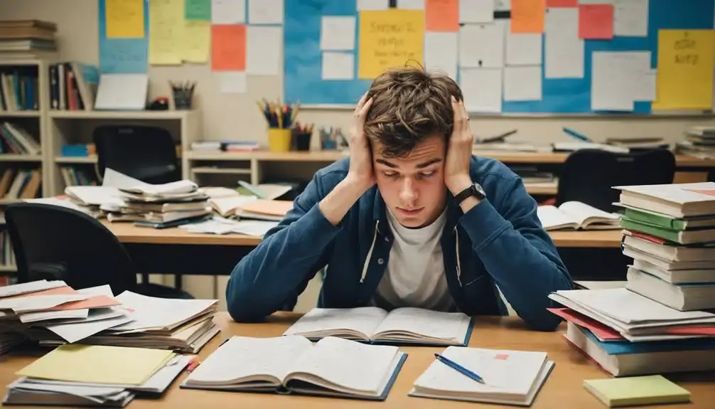 Student sitting in a room half asleep covered in books and notes.