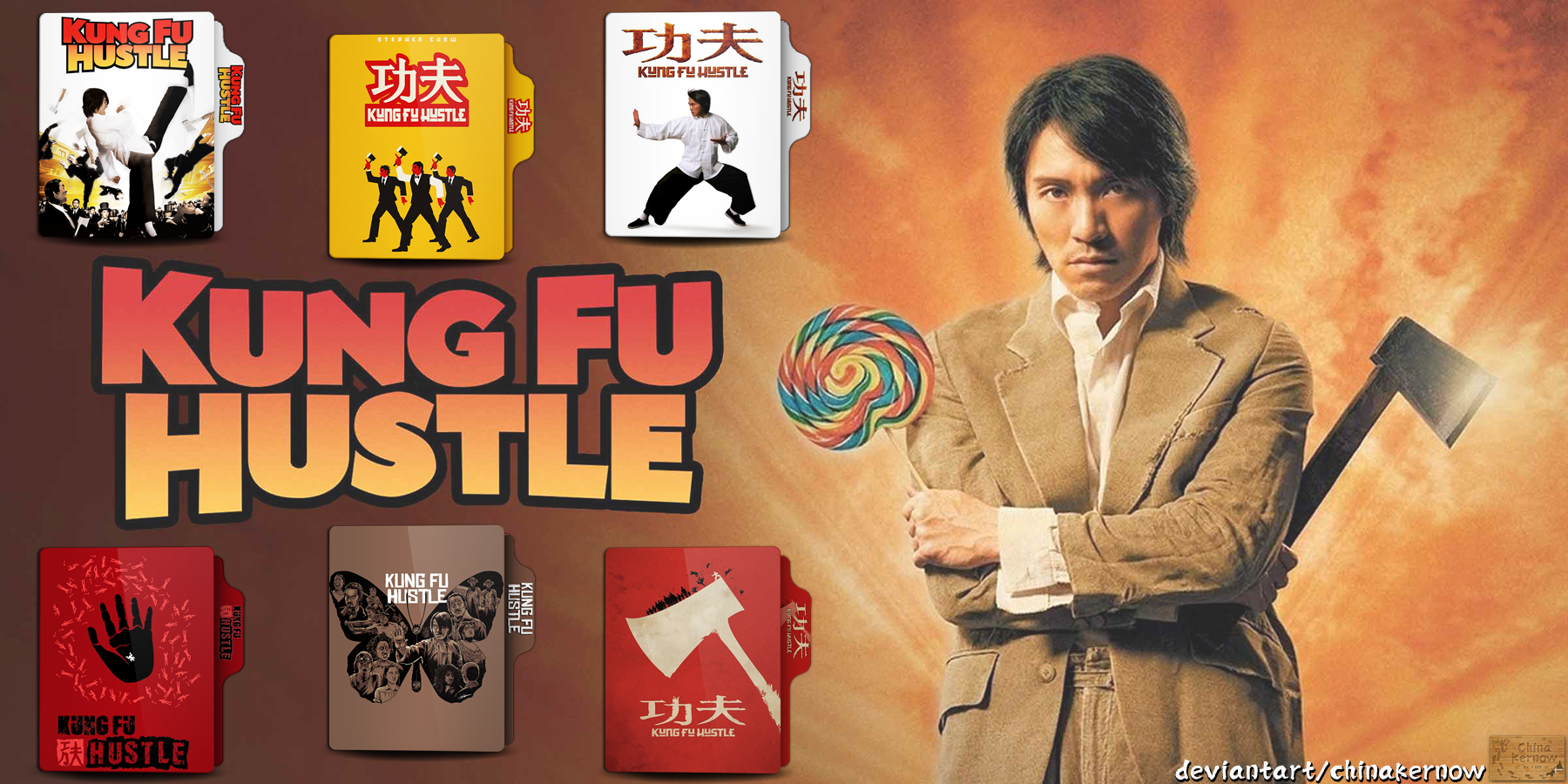 A montage featuring various covers of the movie "Kung Fu Hustle," with vibrant colors and dynamic imagery, enhancing its action-comedy theme.