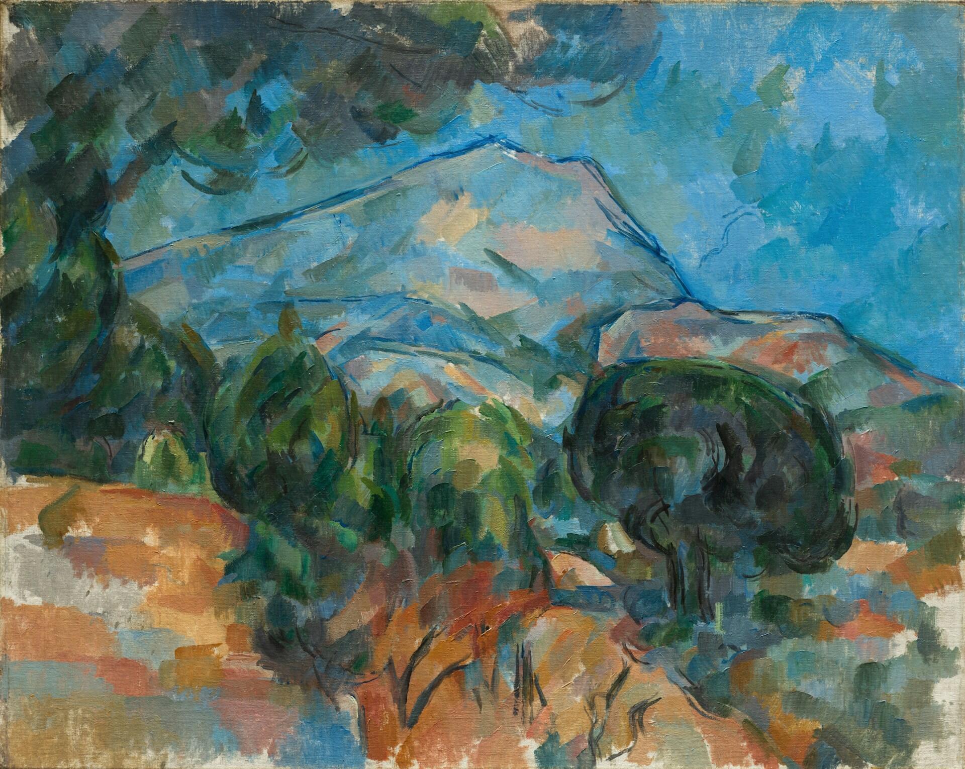 A vibrant landscape painting featuring rolling hills, green trees, and a bright blue sky, showcasing expressive brush strokes and color contrasts.