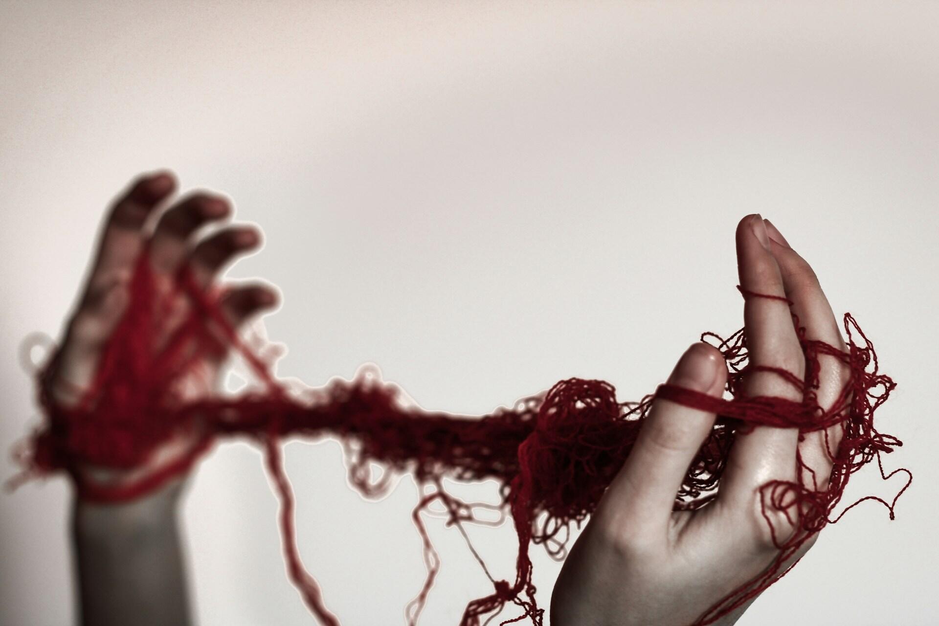 Two hands hold tangled red yarn against a soft, pale background, suggesting themes of creativity and entanglement.
