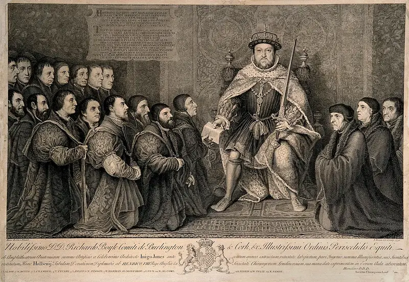 A royal figure seated on a throne, surrounded by elegantly dressed nobles, set against an ornate background.