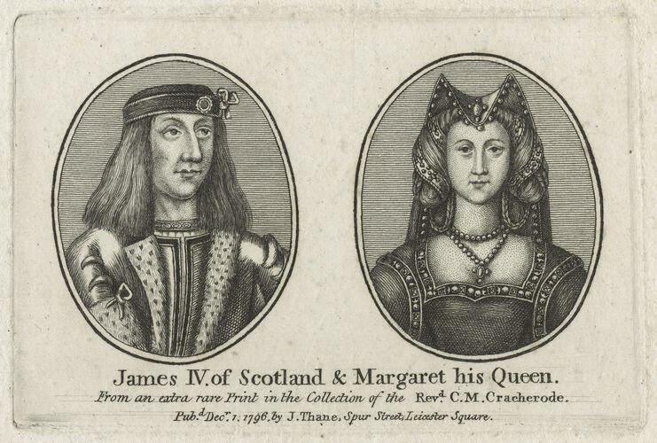 An engraving of James IV of Scotland and his queen, Margaret, shown in oval frames with intricate clothing details and adornments.