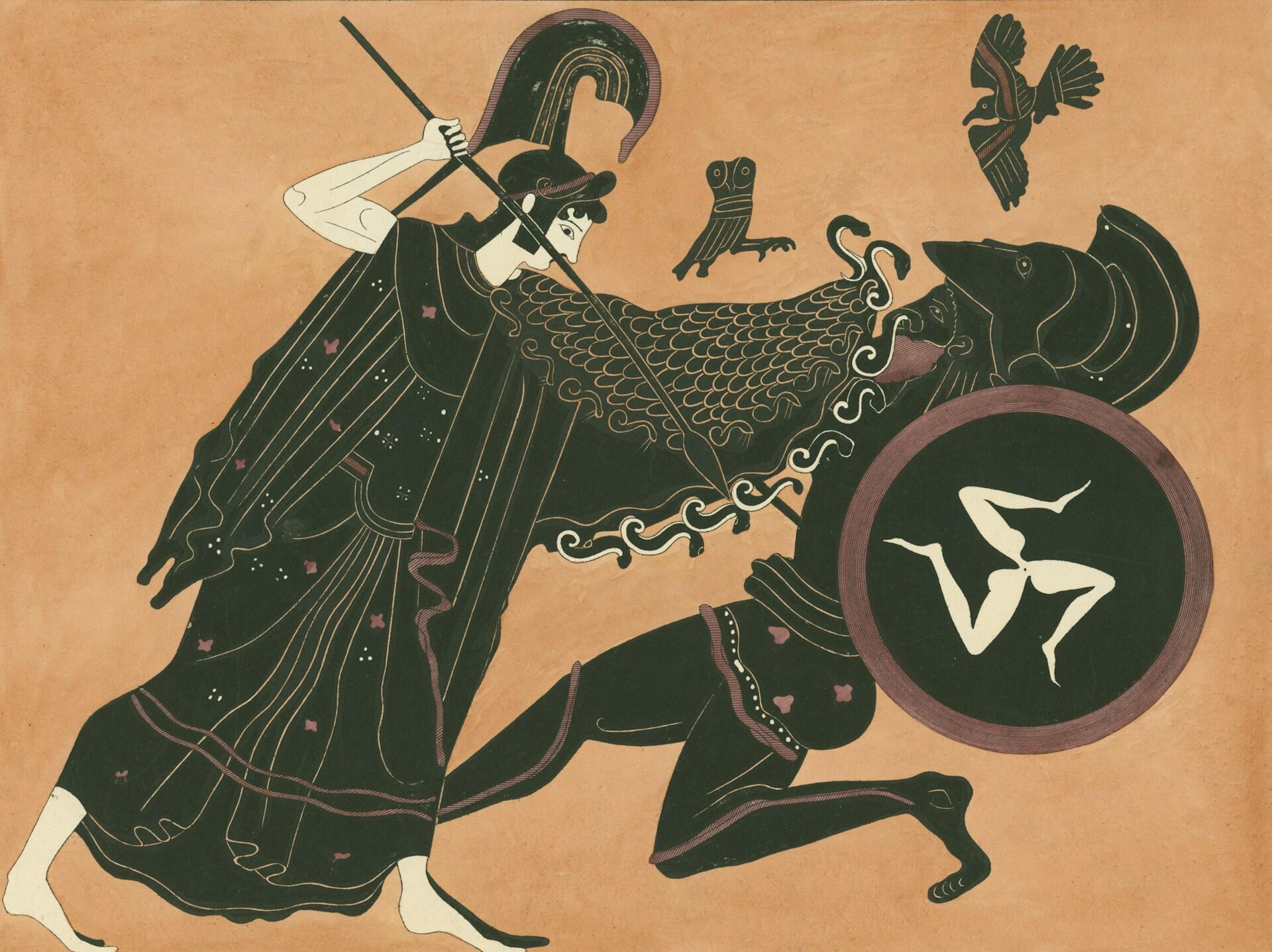 A warrior in a flowing garment brandishes a spear, confronting a figure in armor. Two birds fly above against a warm background.