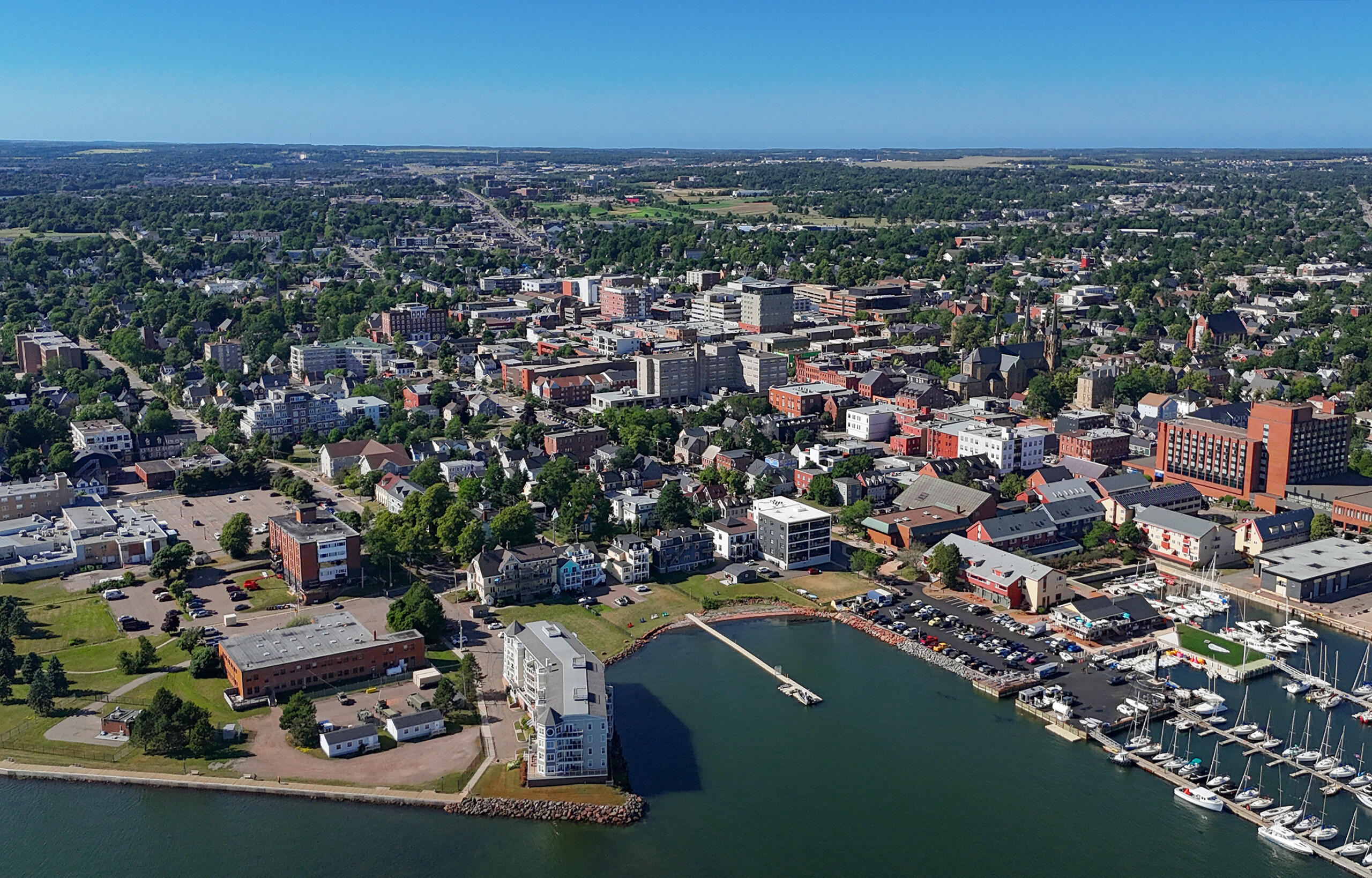 Aerial view of Charlottetown, Prince Edward Island, showing the province’s capital and largest population centre along the waterfront.