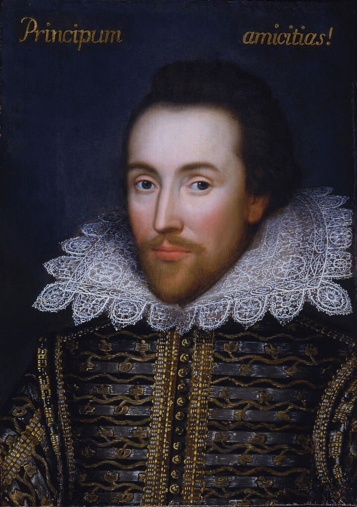 Portrait of a figure in an ornate black and gold garment, featuring a delicate white lace collar, against a dark background.
