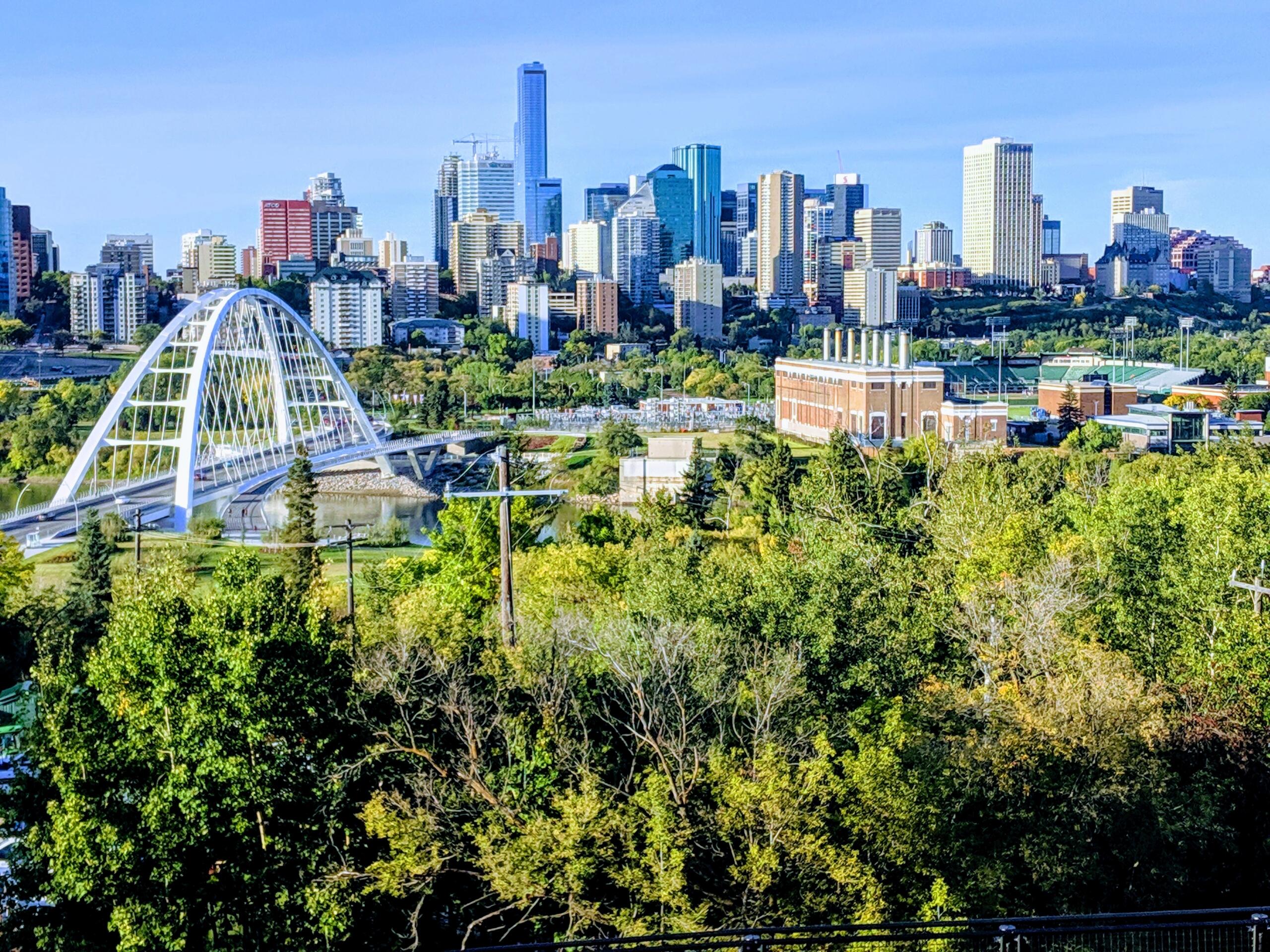 City skyline featuring modern buildings, a distinctive white bridge, and lush greenery in the foreground under a clear blue sky.