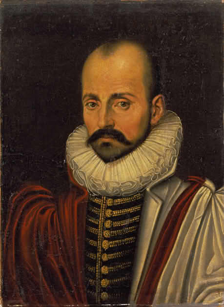 A historical portrait featuring a figure in elaborate attire, adorned with a ruffled collar and a flowing red cloak.