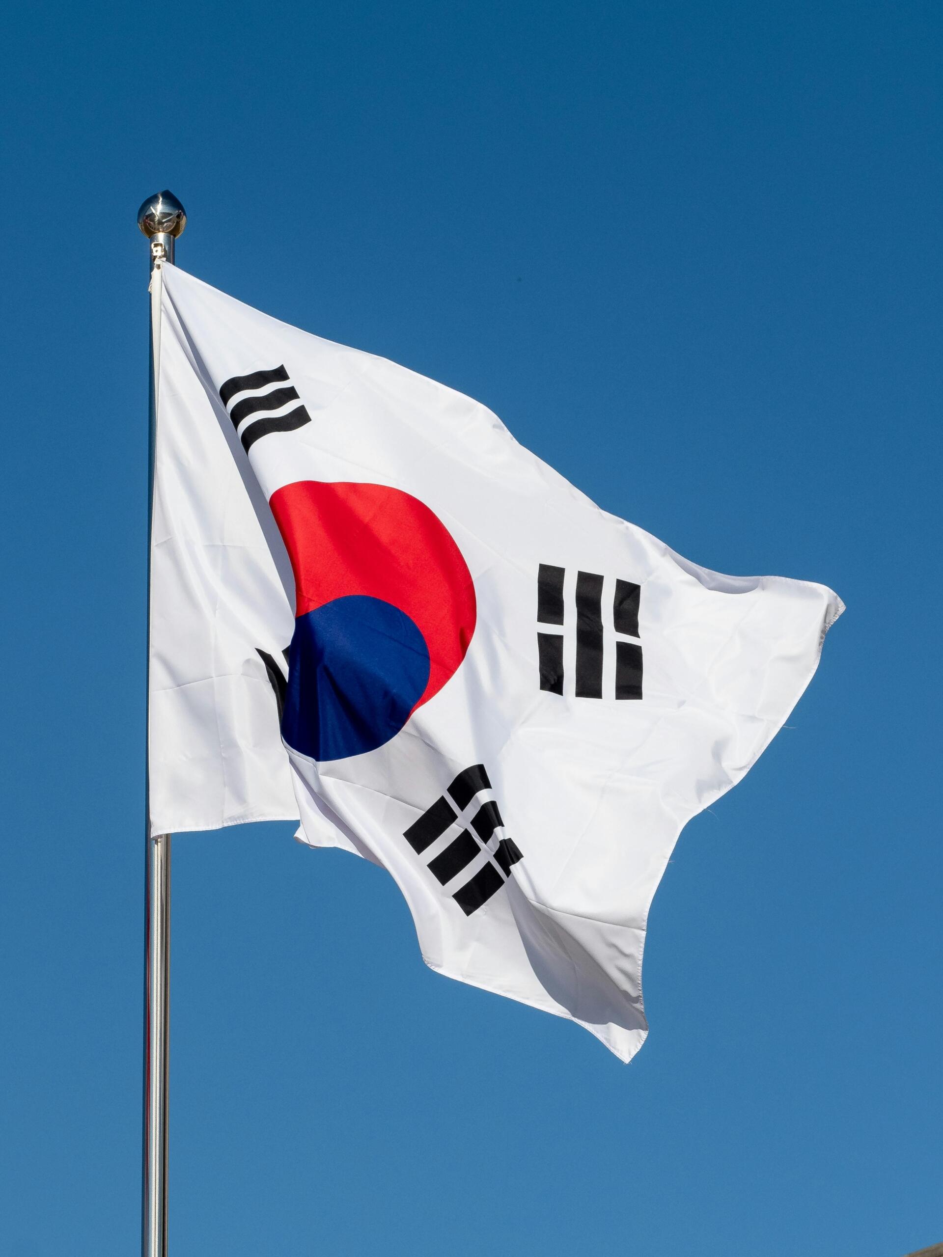 South Korean flag waving in the wind, its red-and-blue taegeuk symbol visible against a bright sky. Source: Warby.