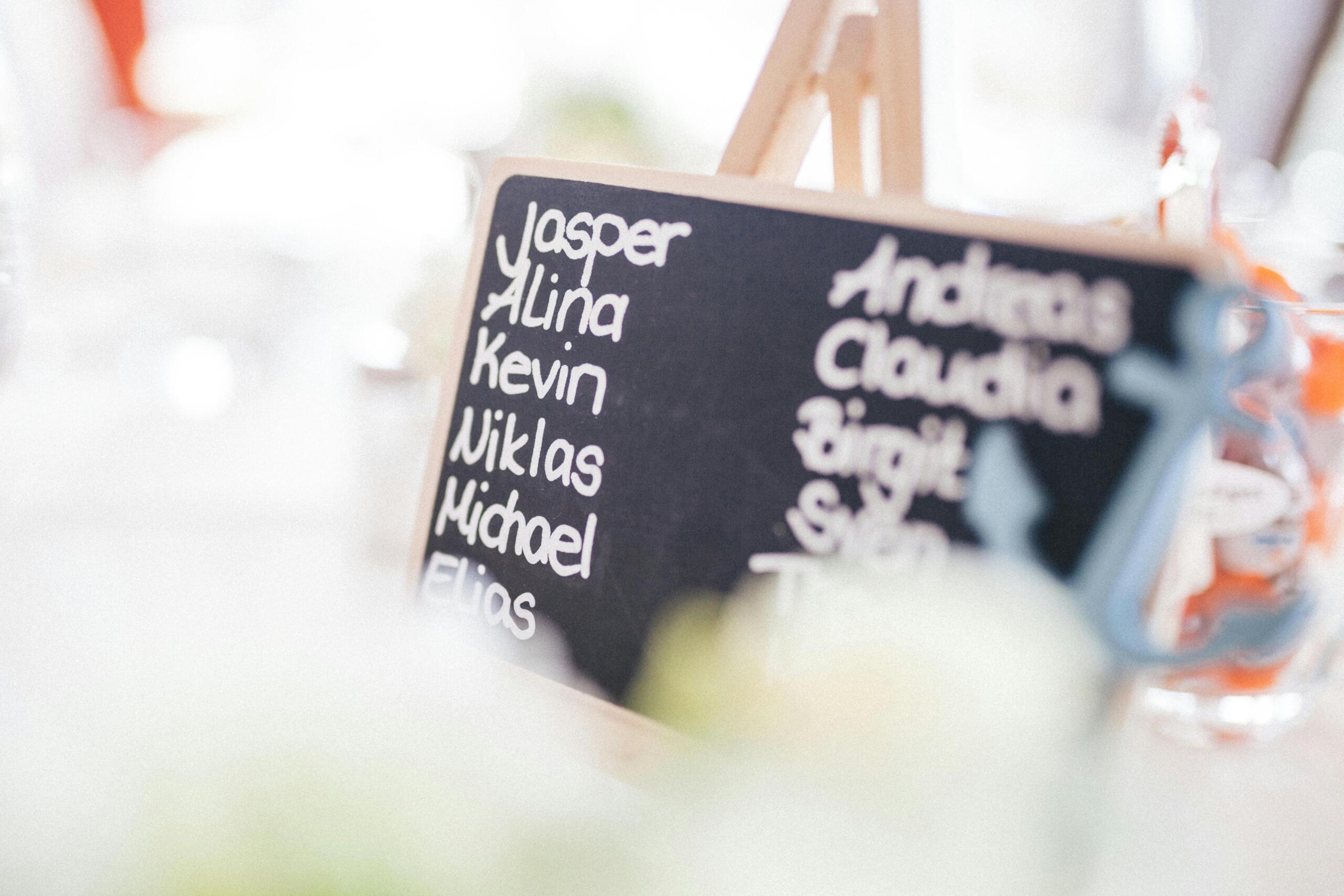 A small chalkboard lists names.