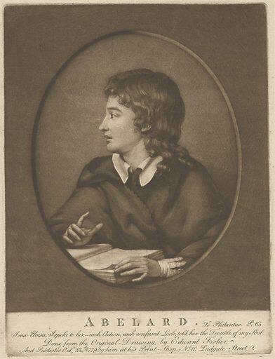 A vintage engraving of a man portraying Abelard, dressed in 18th-century attire, gesturing while holding a book.