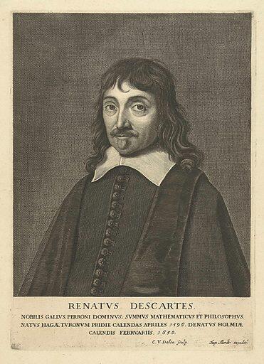 Portrait of René Descartes in 17th-century attire, featuring a collar and buttoned coat, with a detailed inscription below.