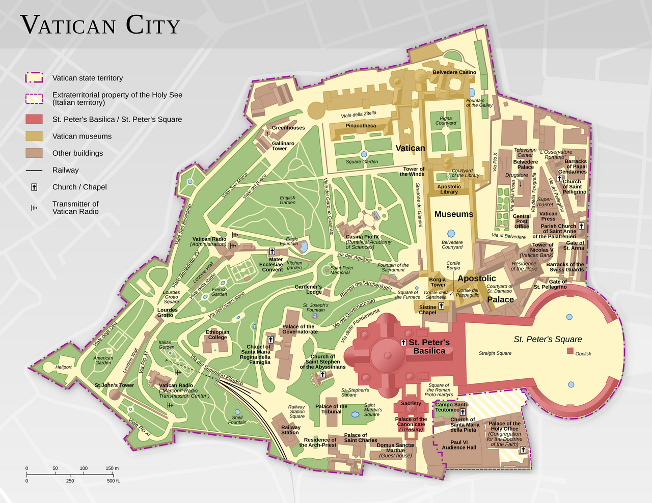Map detailing the layout of the Vatican City State, including its borders, architectural structures, and extraterritorial properties.